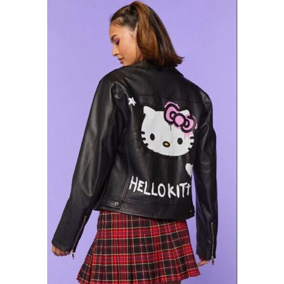 Hello Kitty X Forever 21 Moto Jacket Size Medium Black Faux Leather - Picture 1 of 4